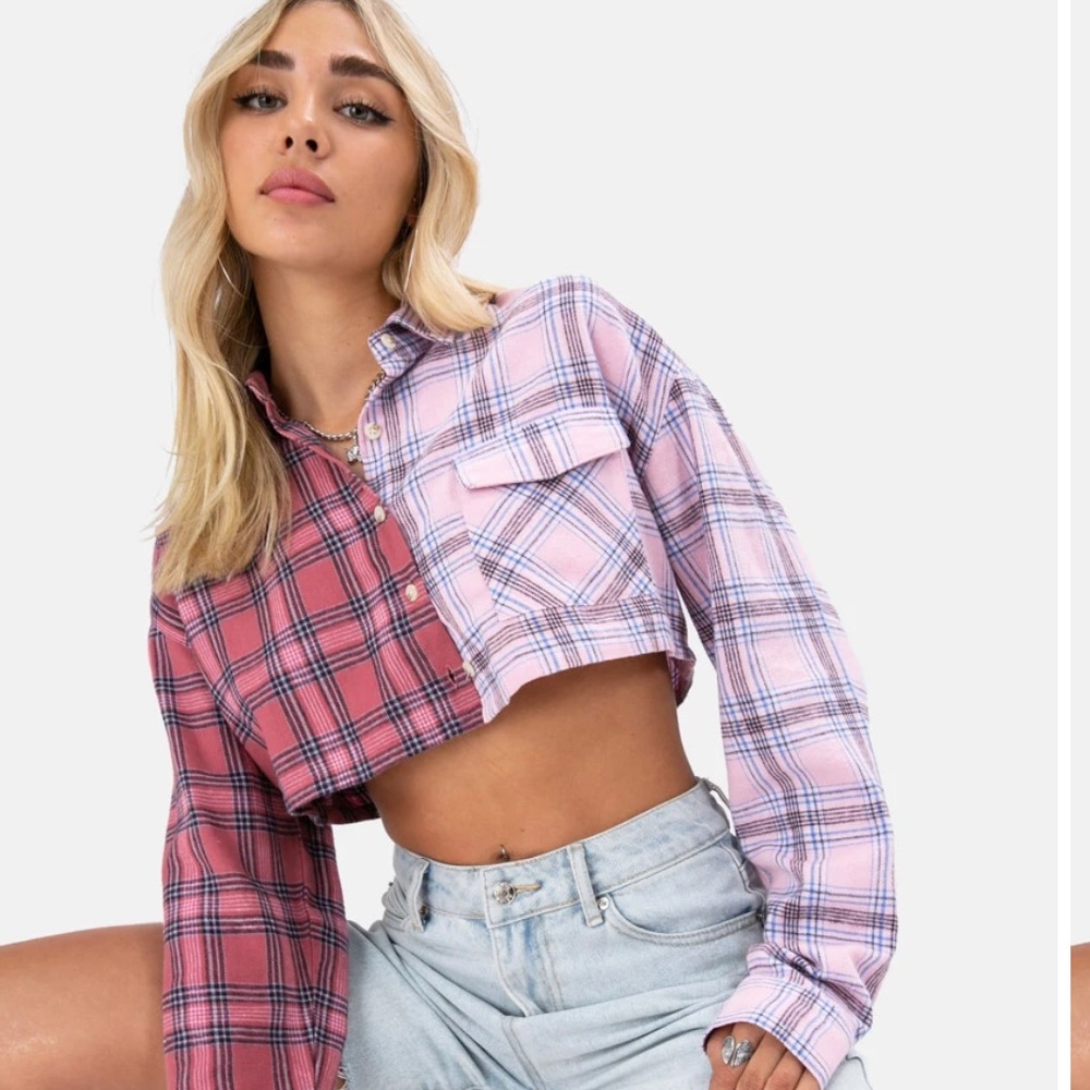 Two Tone Plaid Crop Top Button Down